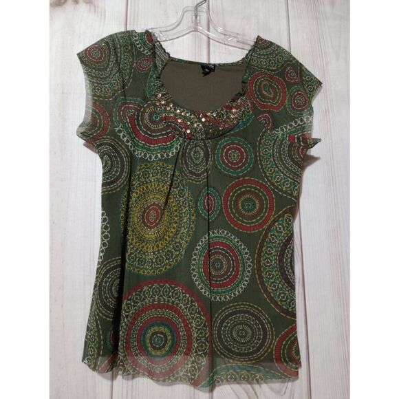 Rafaella Shirt Ladies Small Petite Army Green Capped Sleeve Mesh Semi Sheer Slee - Picture 1 of 7